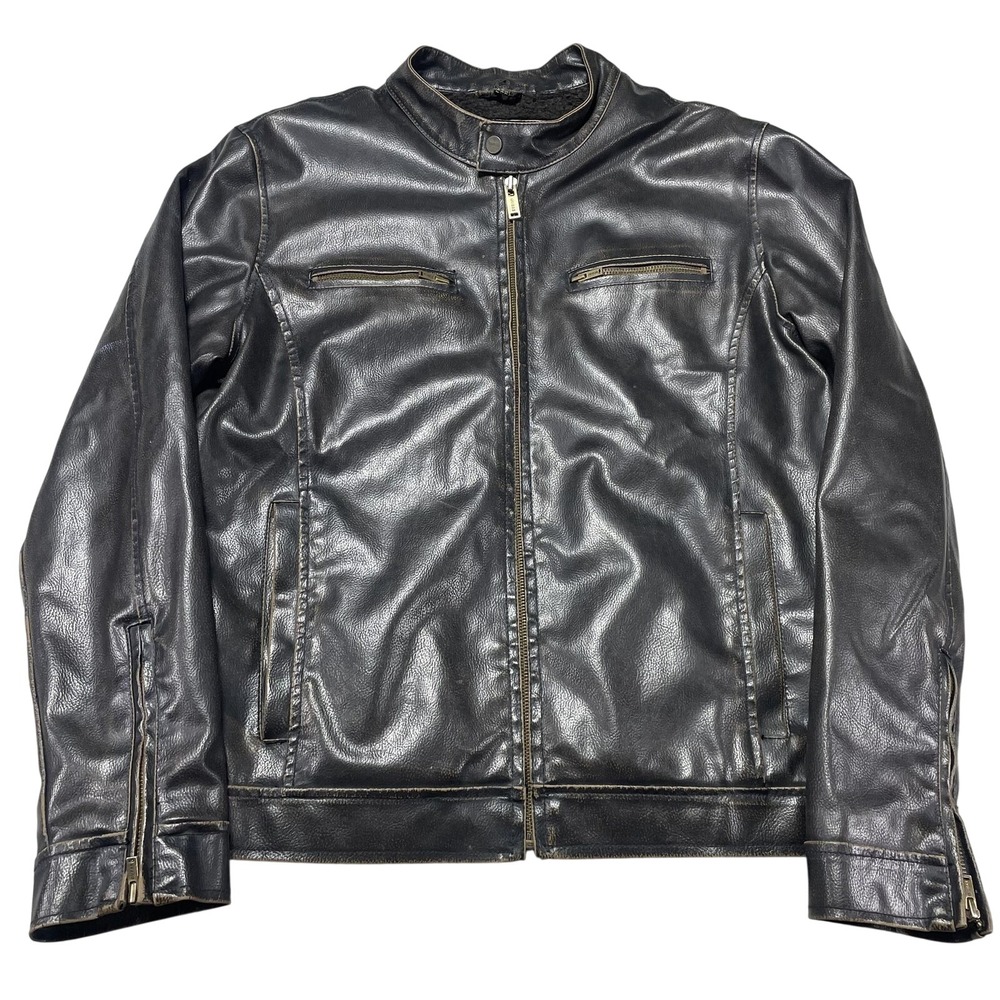 Guess Jacket Mens Large Black Faux Leather Motorcycle Moto Fleece Lined Zip